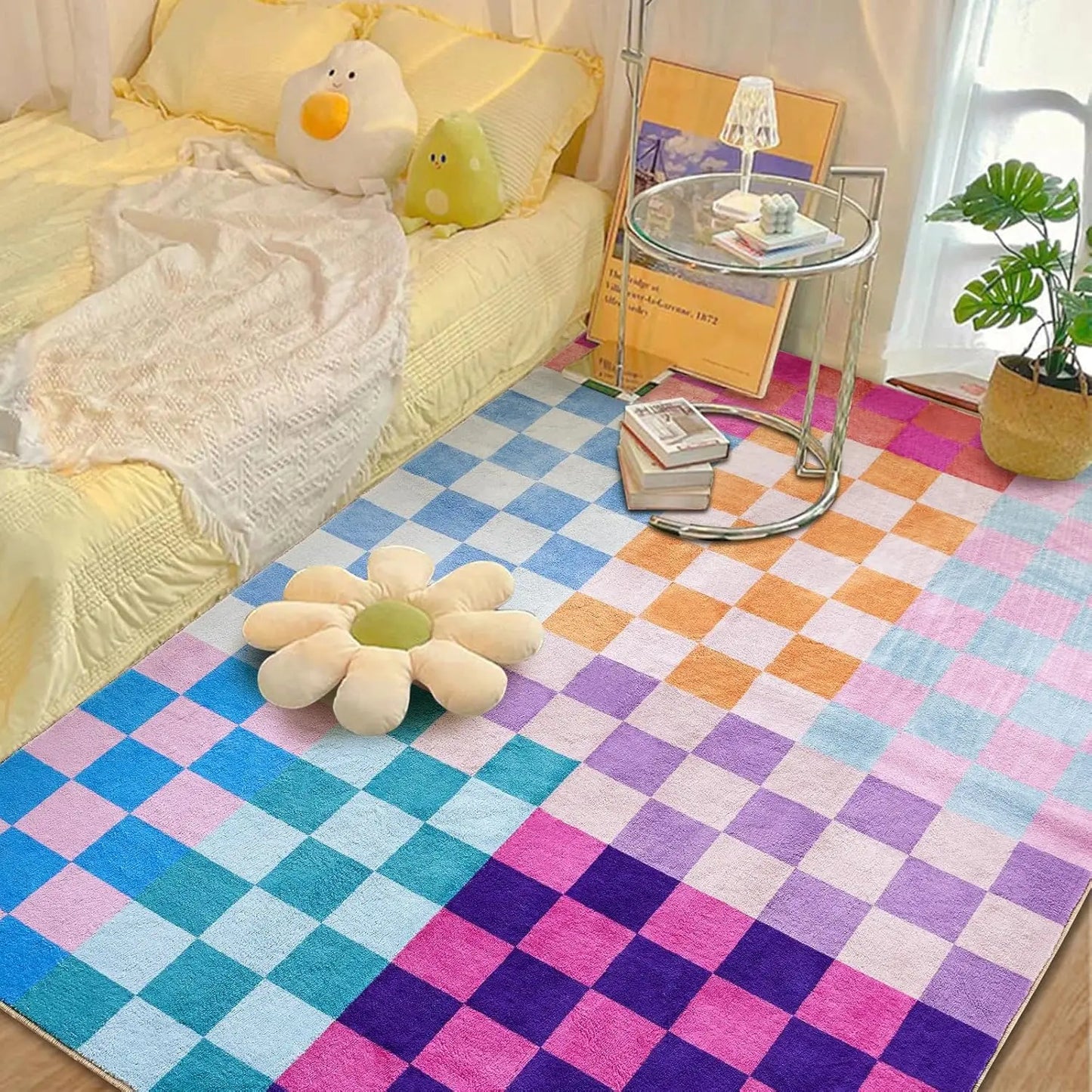 Multicolored Checkerboard Rug Retro Funky Rugs for Living DIning Room Bedroom Kitchen Office Checkered Modern Geometric Carpet