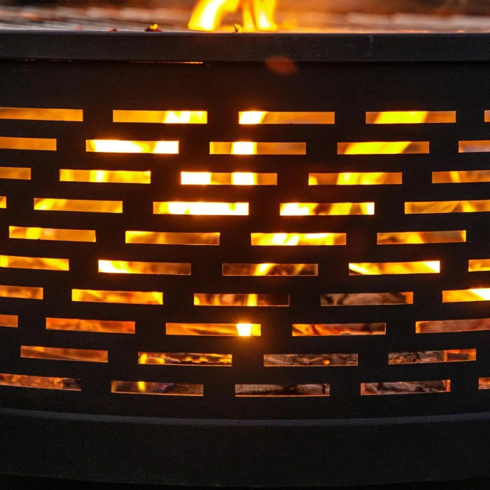 26 Inch Wood Burning Fire Pit Table with Grill Lid Cover Fire Poker for Outdoor BBQ Bonfire-NEW