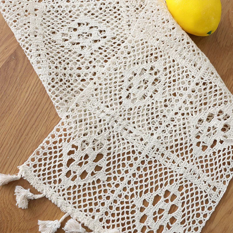 Table Runner Beige Christmas Crochet Lace Cotton Blended Fabric with Tassel For Coffee Table Decor Wedding Decoration
