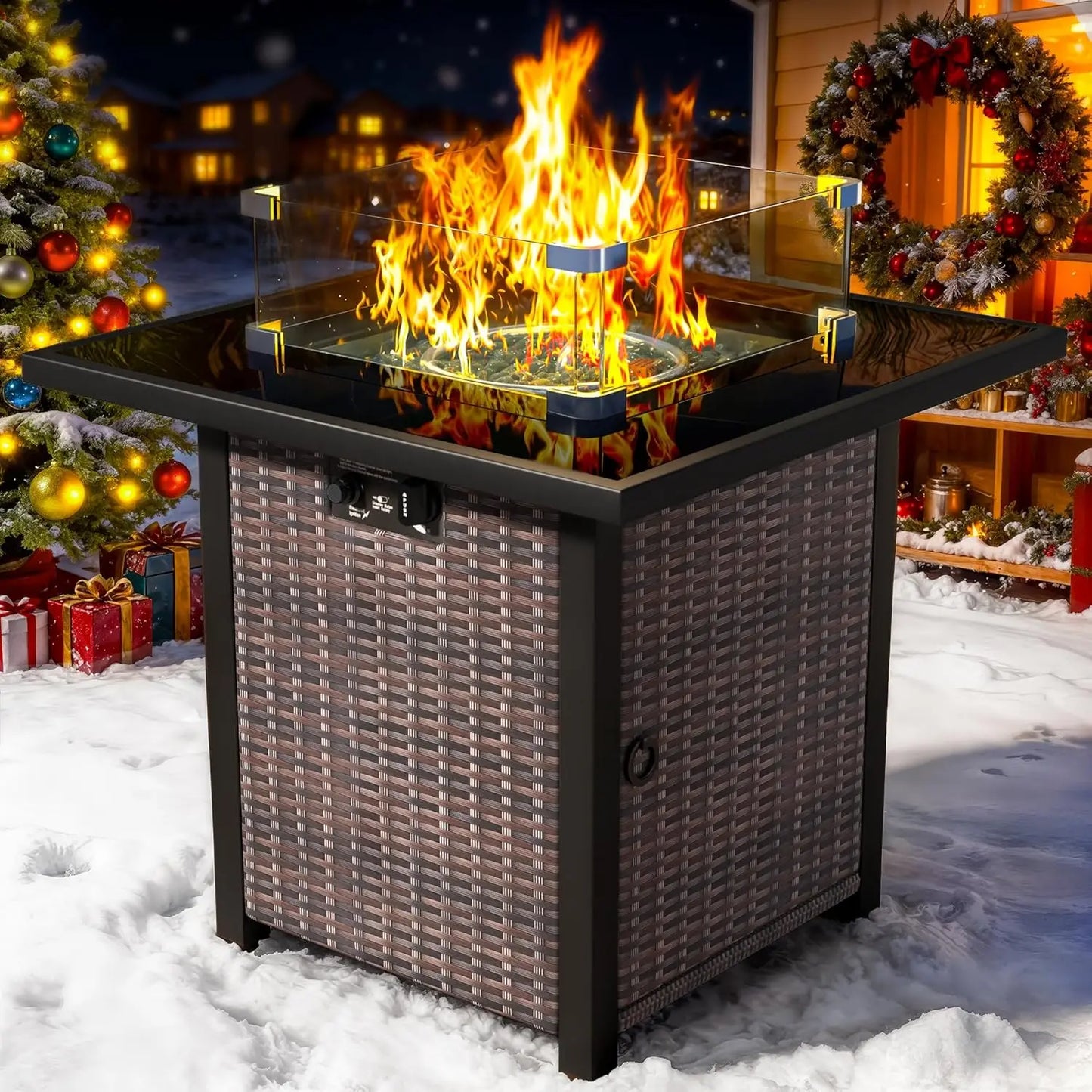 27" Square Rattan Propane Fire Pit Table with Glass Wind Guard Tempered Lid 50000 BTU CSA for Patio Deck Garden Customized