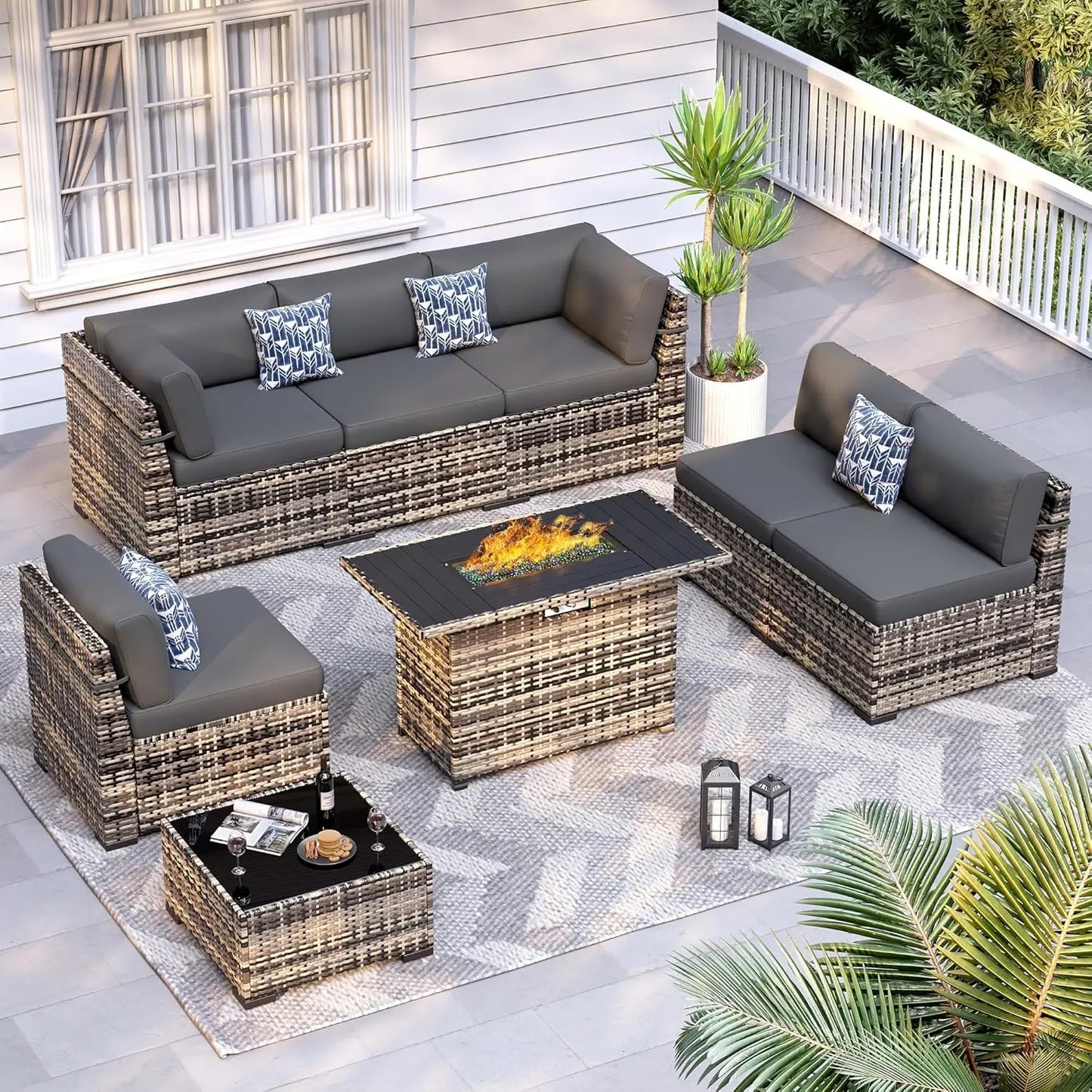 8pc Patio Set 44" Fire Pit Table All Weather Wicker Sectional Sofa Coffee Table Thickened Cushions Outdoor, Custom