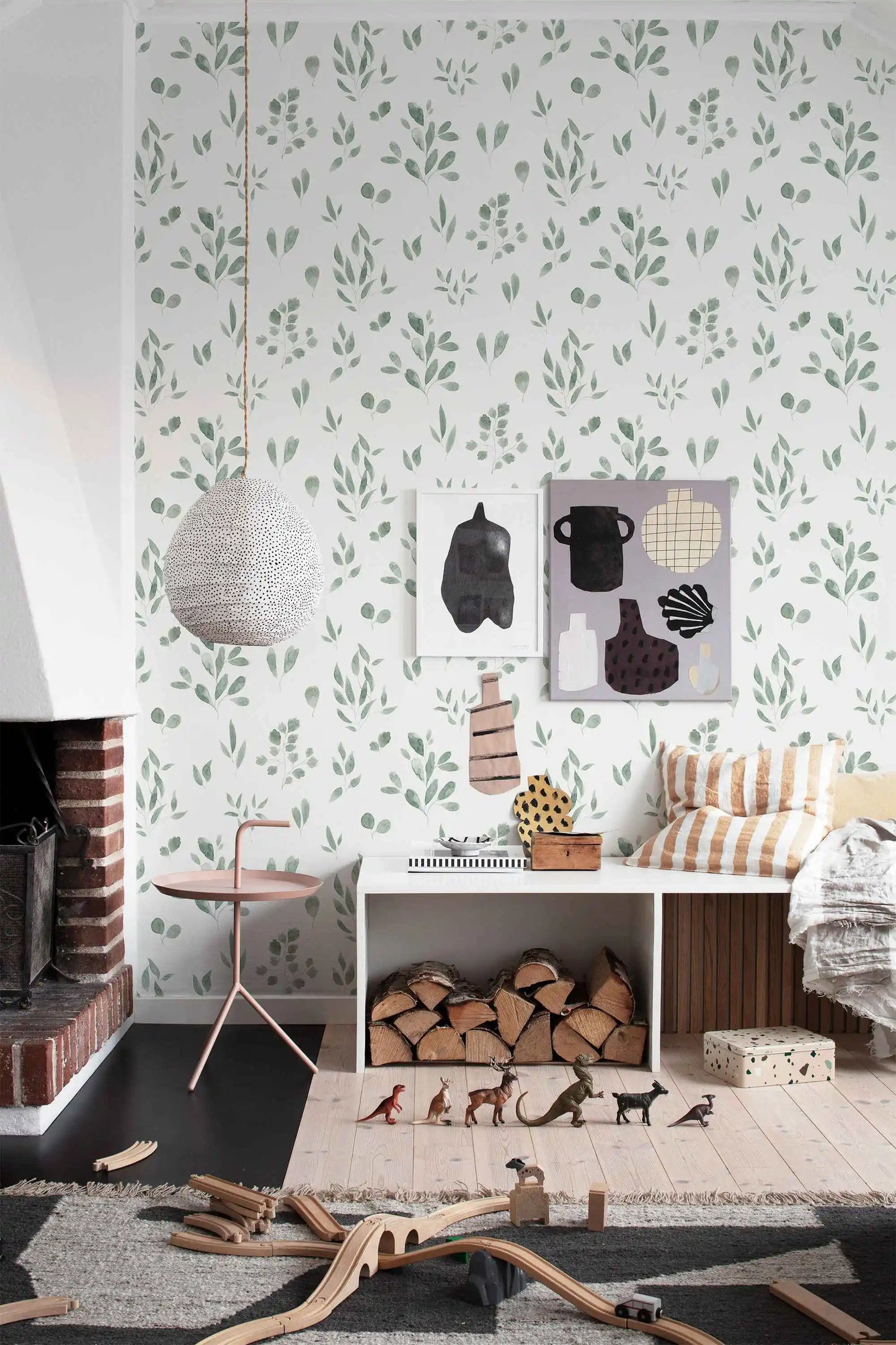 Hand Drawn watercolor Leaves wallpaper, Belle Jade in Green Colors, Scandinavian Wallpaper, Fresh Wallpaper