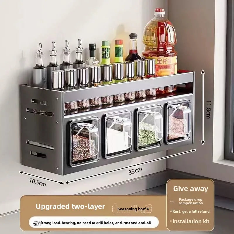 New Kitchen Spice Shelf Wall-mounted Spice Storage Rack Kitchen Seasoning Organizer Holder No Punching Required Storage Shelf