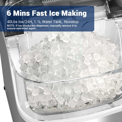 Nugget ice Maker countertop, Soft Pebble Ice Machine 40lbs/Day Small Chewable Pellet ice, Stainless Steel Quiet Mini Chewy Ice Maker Self Cleaning, Ice Ready in 6 Mins for Home Kitchen Office