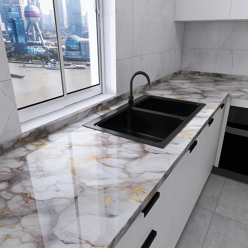 Kitchen Countertop Marble Wallpaper PVC Self-Adhesive Renovation Wall Stickers Kitchen Cabinet Wall Peel and Stick Stickers