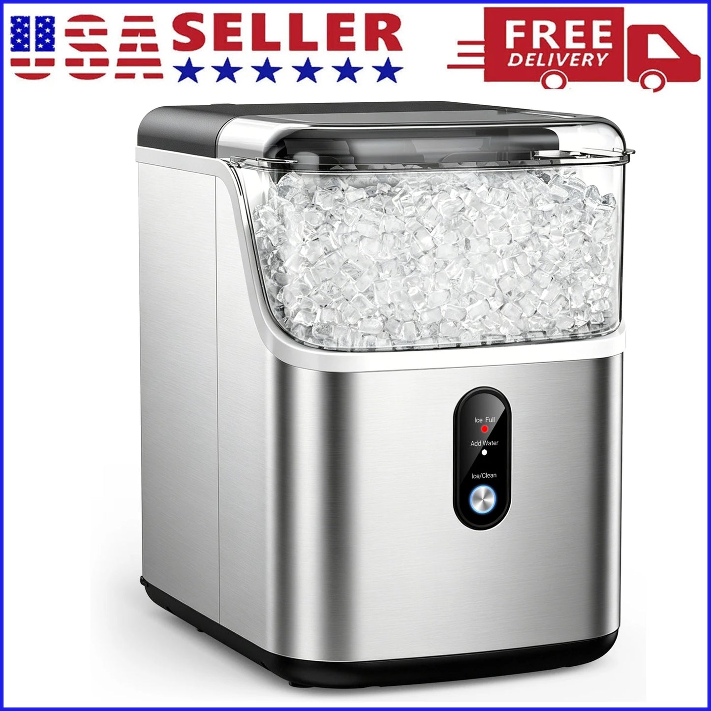 Nugget ice Maker countertop, Soft Pebble Ice Machine 40lbs/Day Small Chewable Pellet ice, Stainless Steel Quiet Mini Chewy Ice Maker Self Cleaning, Ice Ready in 6 Mins for Home Kitchen Office