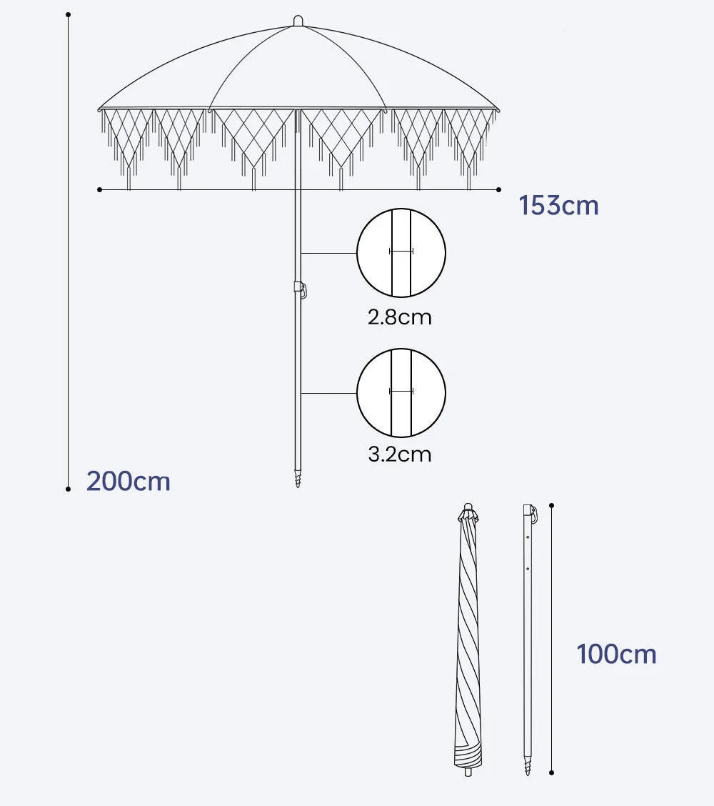 Tassel Patio Umbrella Portable Tassel Beach Umbrella Garden Sunshade with Tassels Sturdy 8-Rib Construction for Market Vendors