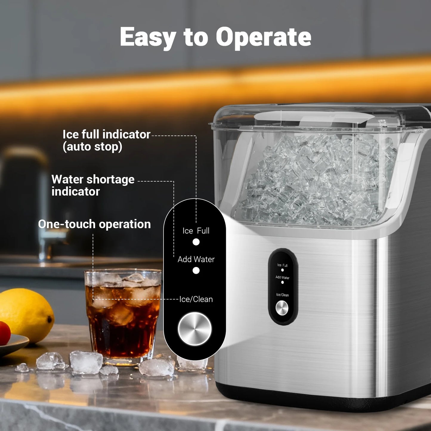 Nugget ice Maker countertop, Soft Pebble Ice Machine 40lbs/Day Small Chewable Pellet ice, Stainless Steel Quiet Mini Chewy Ice Maker Self Cleaning, Ice Ready in 6 Mins for Home Kitchen Office
