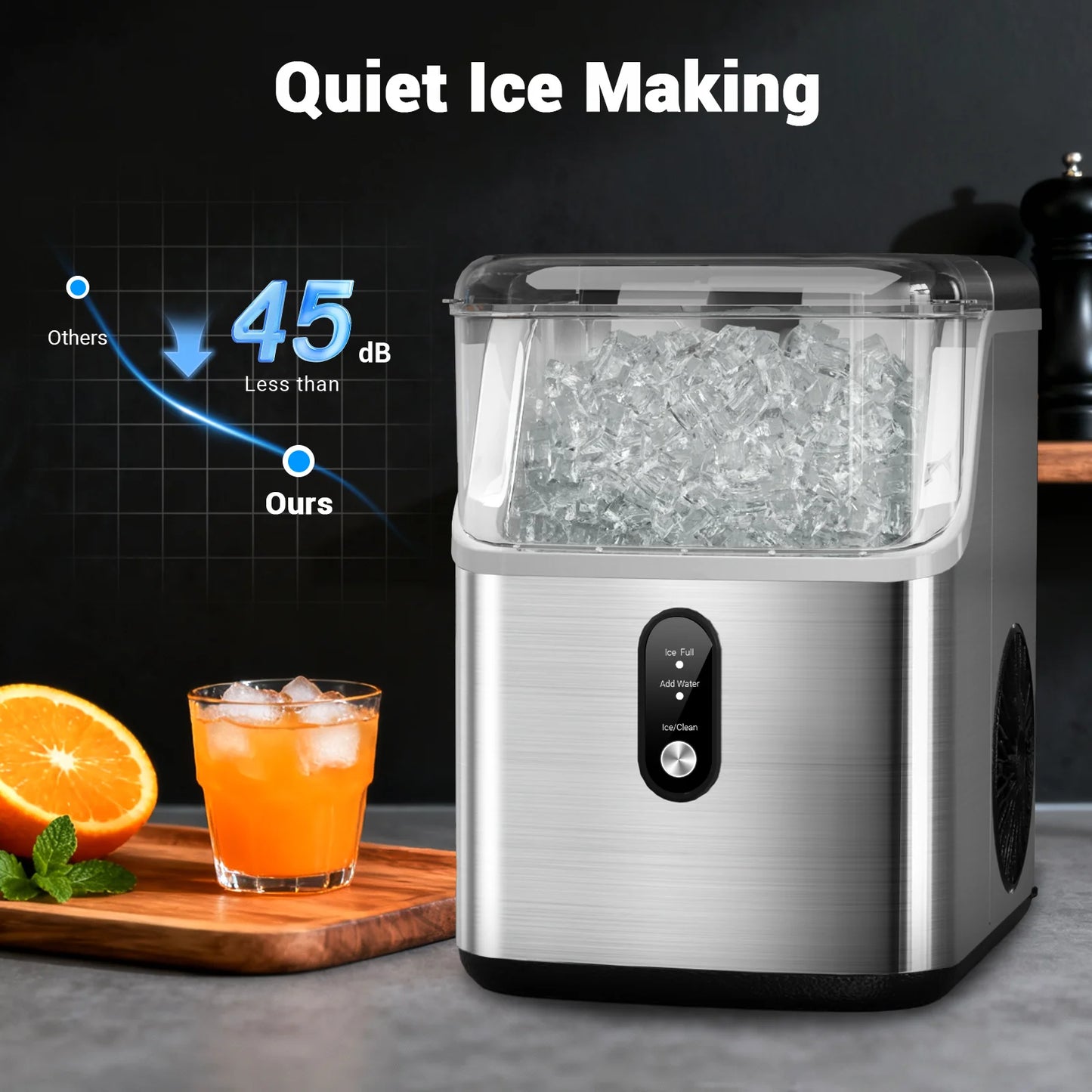 Nugget ice Maker countertop, Soft Pebble Ice Machine 40lbs/Day Small Chewable Pellet ice, Stainless Steel Quiet Mini Chewy Ice Maker Self Cleaning, Ice Ready in 6 Mins for Home Kitchen Office
