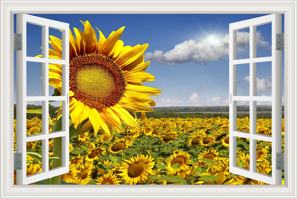 Wall Sticker Yellow Flower Sunflower Landscape Wallpaper Kitchen Living Room 3D Window View Stickers  Vinyl Home Decor