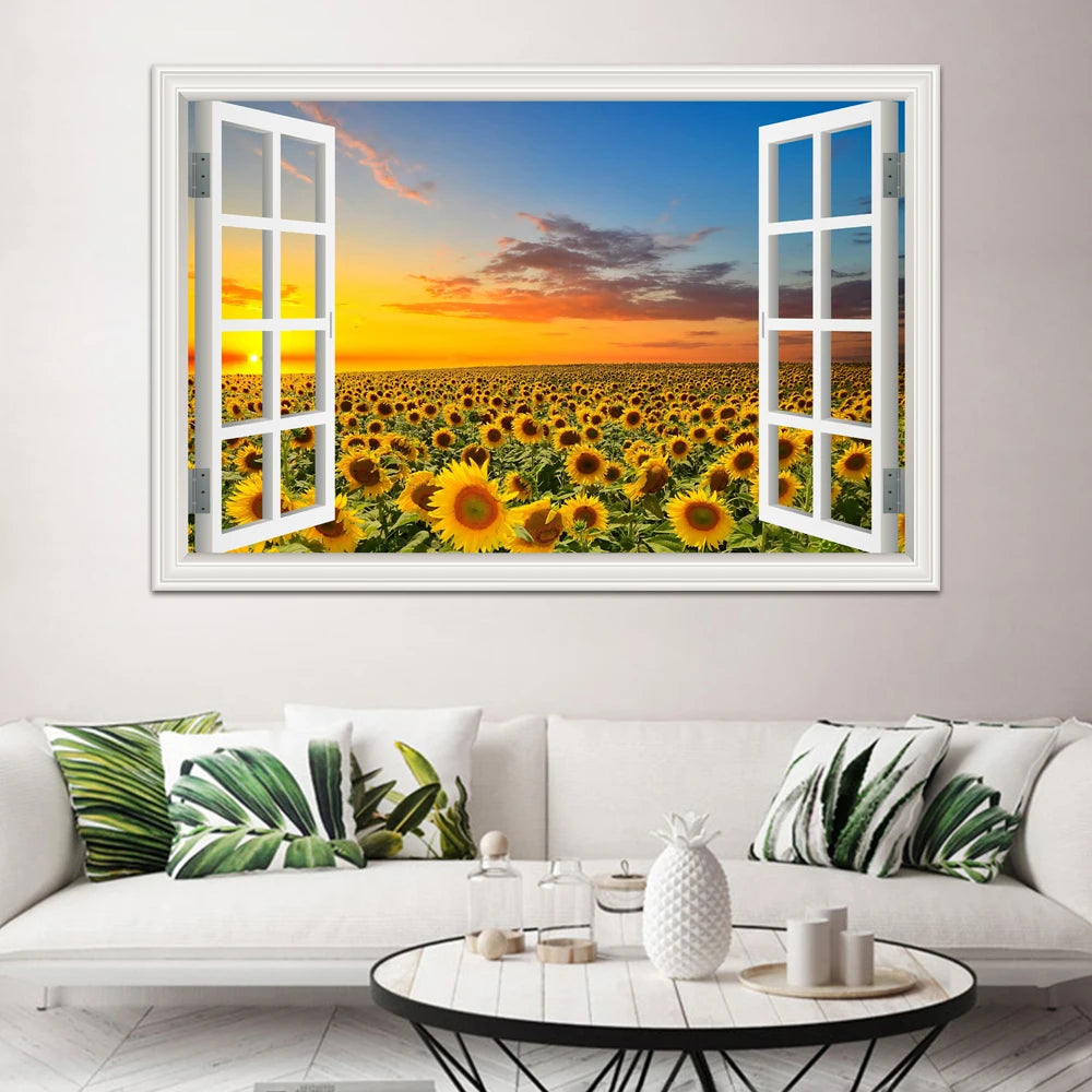 Wall Sticker Yellow Flower Sunflower Landscape Wallpaper Kitchen Living Room 3D Window View Stickers  Vinyl Home Decor