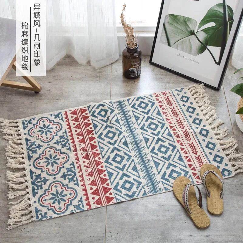 Turkish Cotton Linen Area Rug Set with Tassels Hand Woven Printed Rug/Mat Washable Entryway for Bedroom, Kitchen, Laundry Room