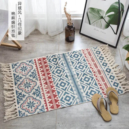 Turkish Cotton Linen Area Rug Set with Tassels Hand Woven Printed Rug/Mat Washable Entryway for Bedroom, Kitchen, Laundry Room