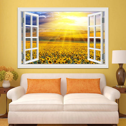 Wall Sticker Yellow Flower Sunflower Landscape Wallpaper Kitchen Living Room 3D Window View Stickers  Vinyl Home Decor