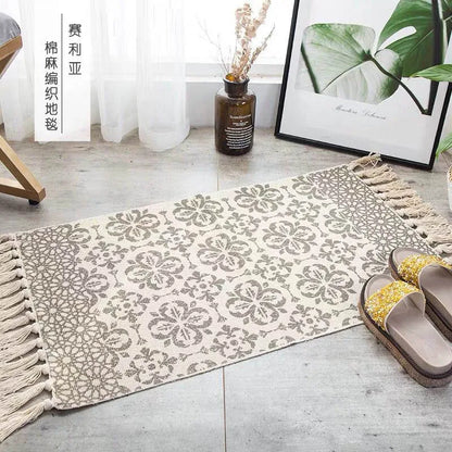 Turkish Cotton Linen Area Rug Set with Tassels Hand Woven Printed Rug/Mat Washable Entryway for Bedroom, Kitchen, Laundry Room