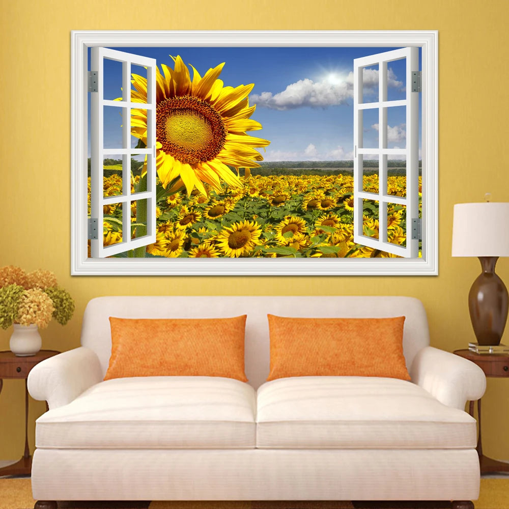Wall Sticker Yellow Flower Sunflower Landscape Wallpaper Kitchen Living Room 3D Window View Stickers  Vinyl Home Decor