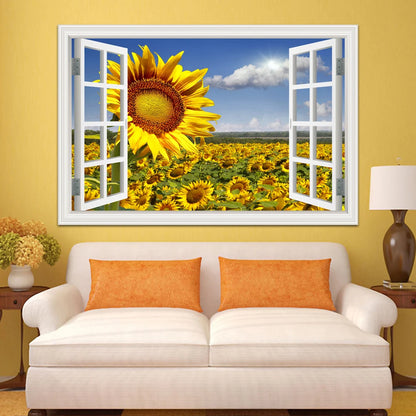 Wall Sticker Yellow Flower Sunflower Landscape Wallpaper Kitchen Living Room 3D Window View Stickers  Vinyl Home Decor