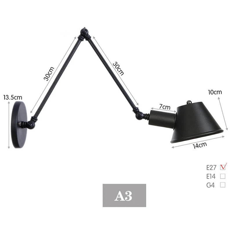 Black Rustic Vintage Swimming Arm Wall Lamp Retro Long Reading Lights on the Wall Adjustable Iron Applique Murale Luminaire Home