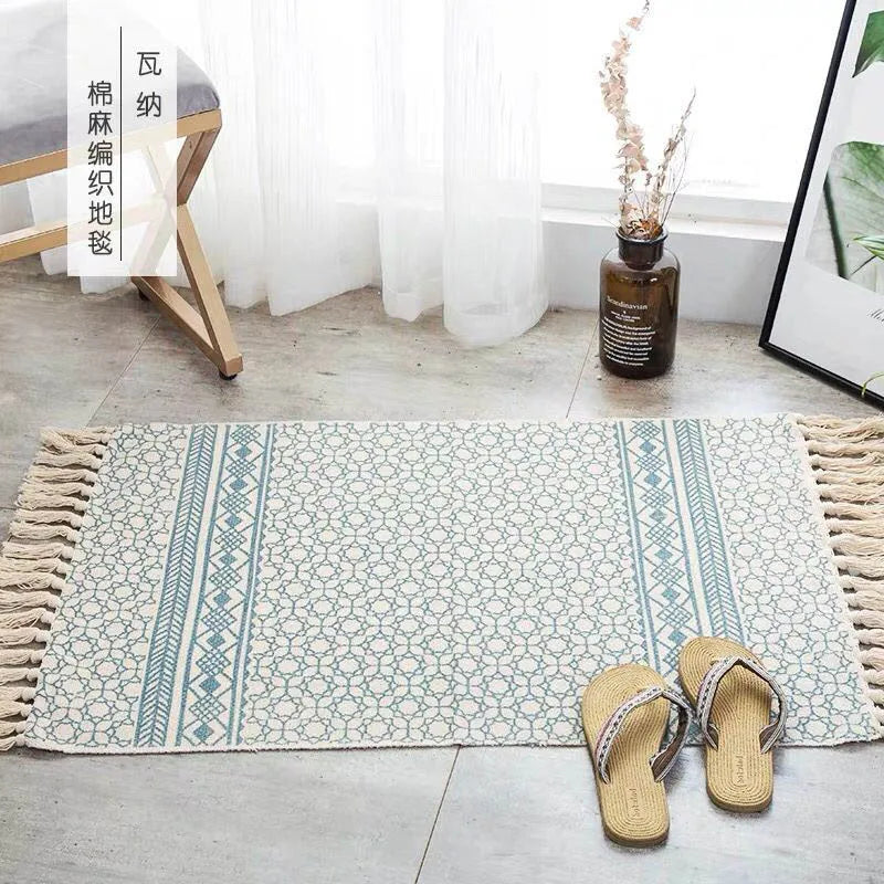 Turkish Cotton Linen Area Rug Set with Tassels Hand Woven Printed Rug/Mat Washable Entryway for Bedroom, Kitchen, Laundry Room