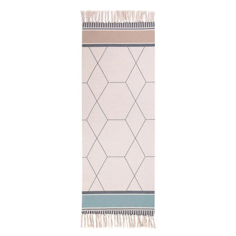 Turkish Cotton Linen Area Rug Set with Tassels Hand Woven Printed Rug/Mat Washable Entryway for Bedroom, Kitchen, Laundry Room