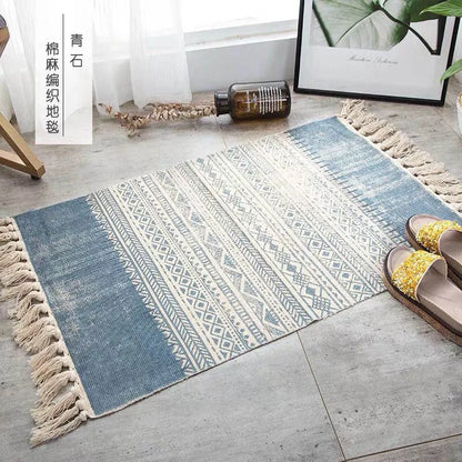 Turkish Cotton Linen Area Rug Set with Tassels Hand Woven Printed Rug/Mat Washable Entryway for Bedroom, Kitchen, Laundry Room