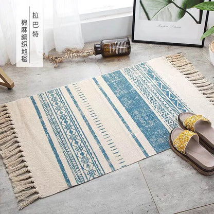 Turkish Cotton Linen Area Rug Set with Tassels Hand Woven Printed Rug/Mat Washable Entryway for Bedroom, Kitchen, Laundry Room