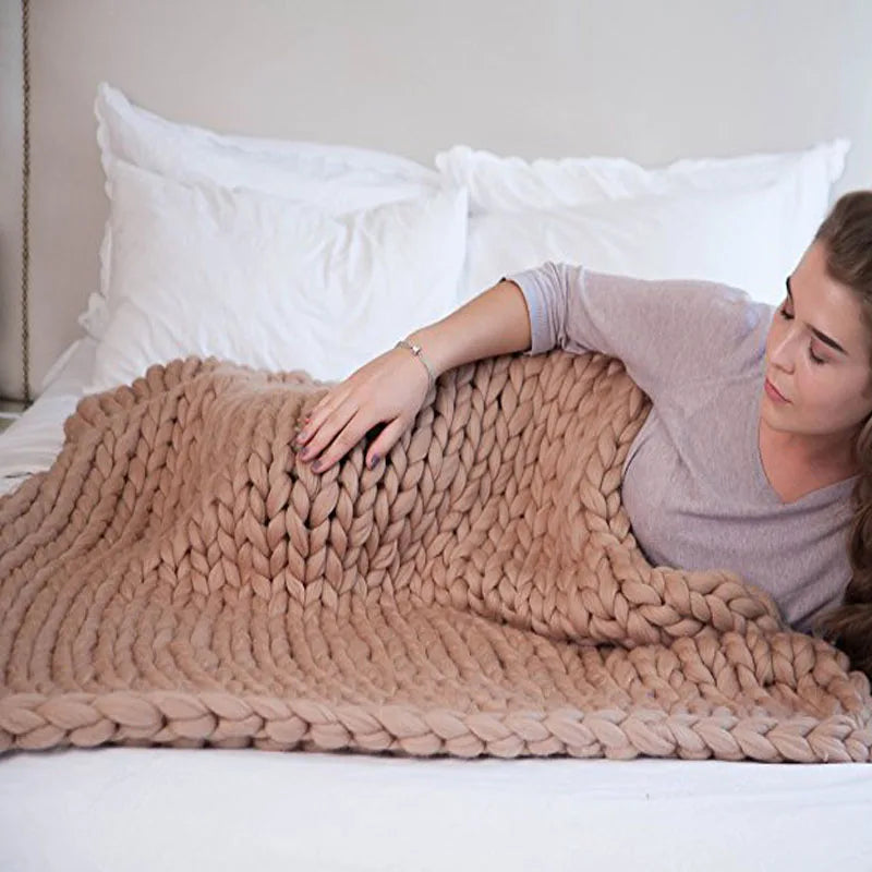 Chunky Yarn Blanket for Bed Hand Woven Sofa Throw Blankets Knitted Warm Grey Beige Air Condition Blankets Bed Sofa Decorative