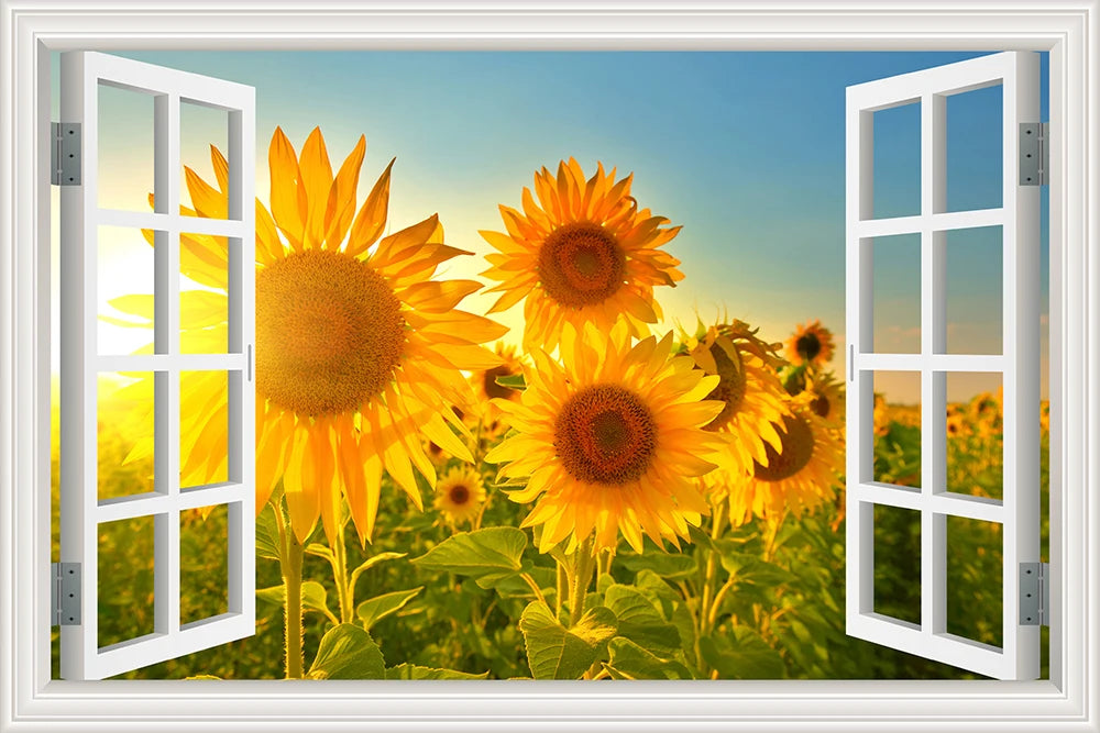 Wall Sticker Yellow Flower Sunflower Landscape Wallpaper Kitchen Living Room 3D Window View Stickers  Vinyl Home Decor