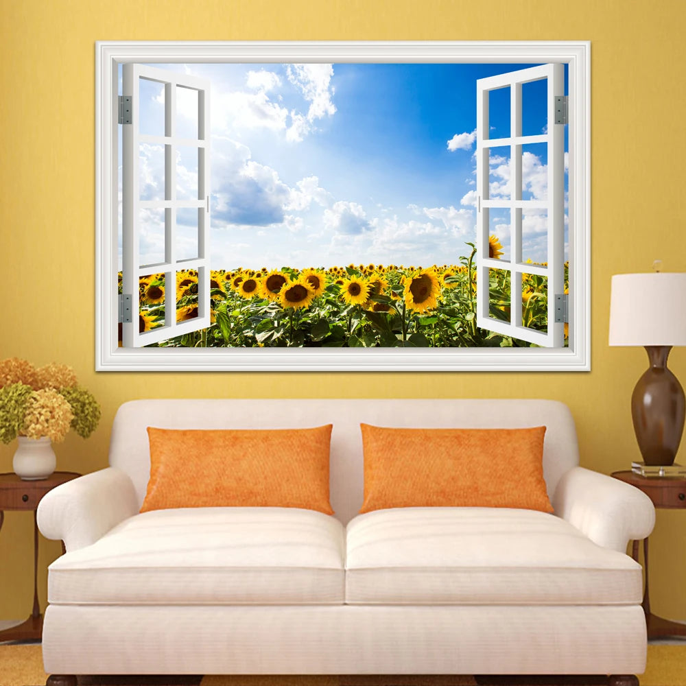 Wall Sticker Yellow Flower Sunflower Landscape Wallpaper Kitchen Living Room 3D Window View Stickers  Vinyl Home Decor