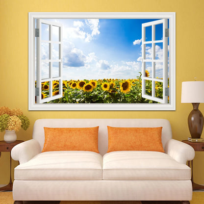 Wall Sticker Yellow Flower Sunflower Landscape Wallpaper Kitchen Living Room 3D Window View Stickers  Vinyl Home Decor