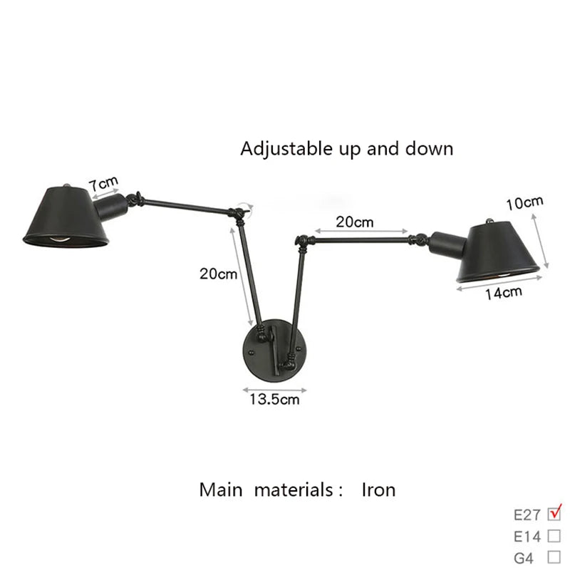 Black Rustic Vintage Swimming Arm Wall Lamp Retro Long Reading Lights on the Wall Adjustable Iron Applique Murale Luminaire Home