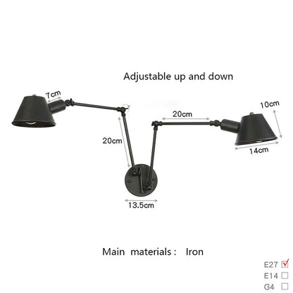 Black Rustic Vintage Swimming Arm Wall Lamp Retro Long Reading Lights on the Wall Adjustable Iron Applique Murale Luminaire Home