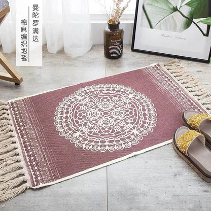 Turkish Cotton Linen Area Rug Set with Tassels Hand Woven Printed Rug/Mat Washable Entryway for Bedroom, Kitchen, Laundry Room