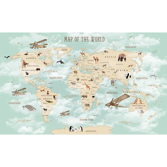 Custom Cartoon Animal World Map Background Wall 3D Wallpaper Living Room Bedroom Children Decoration Papier Peint Mural Tapety