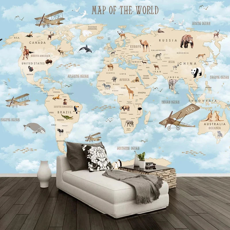 Custom Cartoon Animal World Map Background Wall 3D Wallpaper Living Room Bedroom Children Decoration Papier Peint Mural Tapety