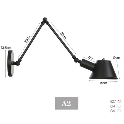 Black Rustic Vintage Swimming Arm Wall Lamp Retro Long Reading Lights on the Wall Adjustable Iron Applique Murale Luminaire Home