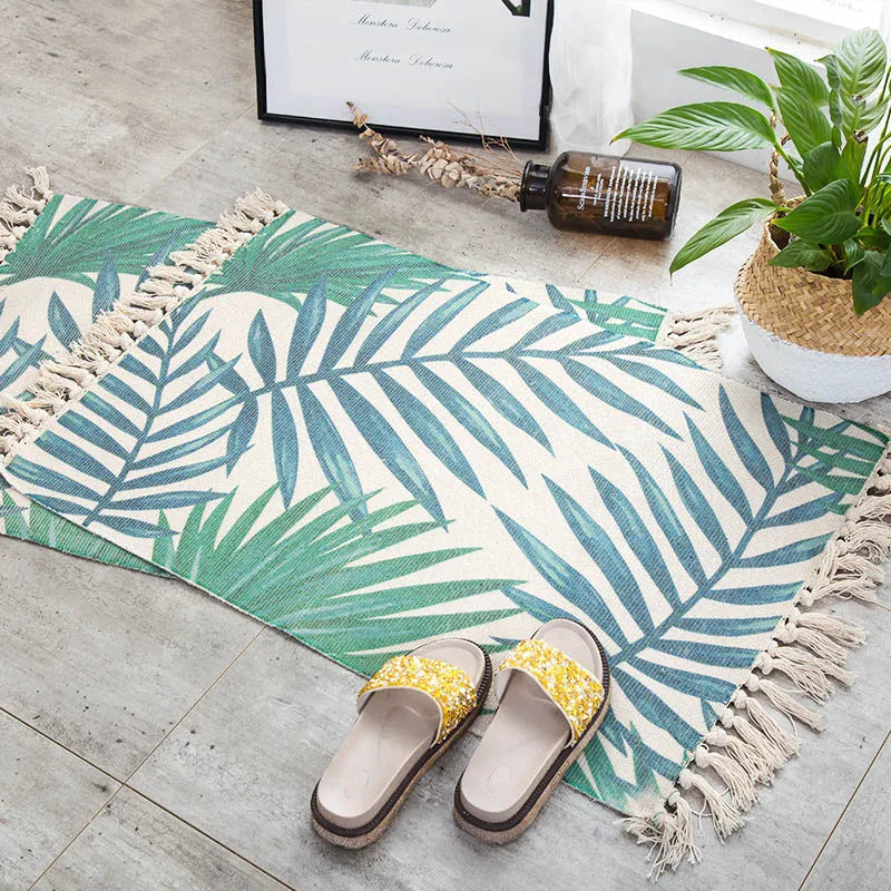 Turkish Cotton Linen Area Rug Set with Tassels Hand Woven Printed Rug/Mat Washable Entryway for Bedroom, Kitchen, Laundry Room
