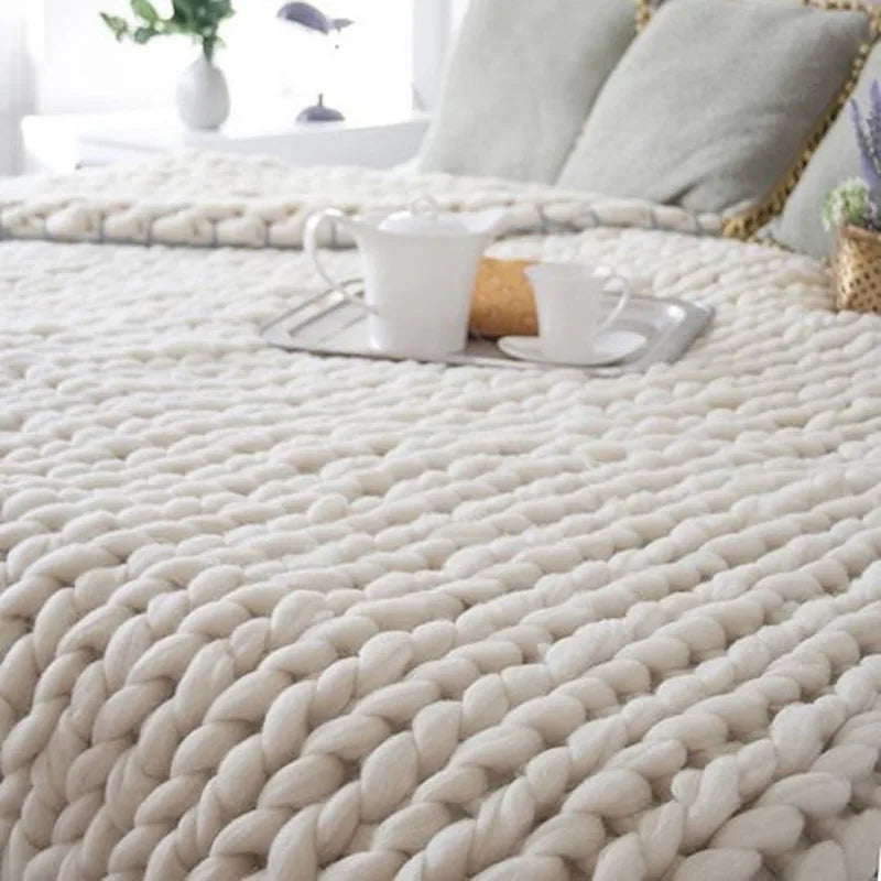 Chunky Yarn Blanket for Bed Hand Woven Sofa Throw Blankets Knitted Warm Grey Beige Air Condition Blankets Bed Sofa Decorative
