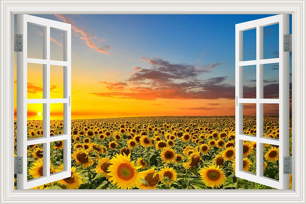 Wall Sticker Yellow Flower Sunflower Landscape Wallpaper Kitchen Living Room 3D Window View Stickers  Vinyl Home Decor