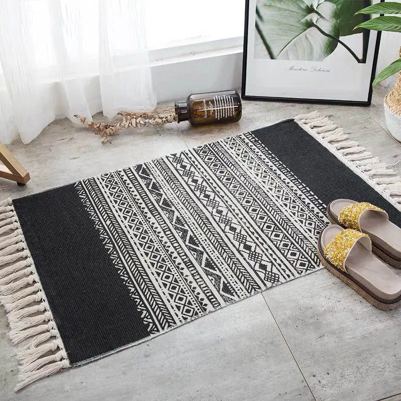 Turkish Cotton Linen Area Rug Set with Tassels Hand Woven Printed Rug/Mat Washable Entryway for Bedroom, Kitchen, Laundry Room