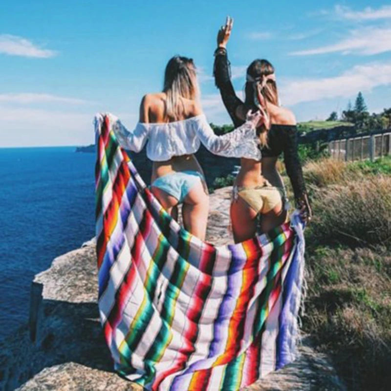 Boho Table Flag Ethnic Style Beach Blanket Beach Towel Mexican Style Blankets Picnic Blanket Handmade Striped Tassels Throw Rug