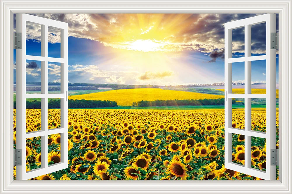 Wall Sticker Yellow Flower Sunflower Landscape Wallpaper Kitchen Living Room 3D Window View Stickers  Vinyl Home Decor