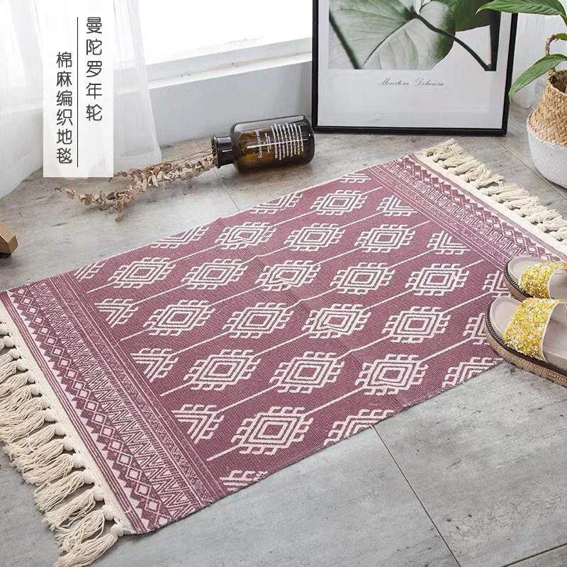 Turkish Cotton Linen Area Rug Set with Tassels Hand Woven Printed Rug/Mat Washable Entryway for Bedroom, Kitchen, Laundry Room