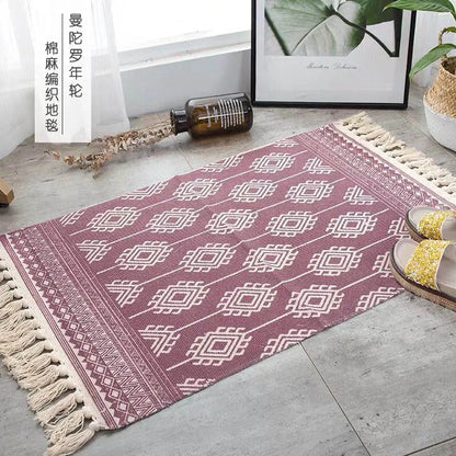 Turkish Cotton Linen Area Rug Set with Tassels Hand Woven Printed Rug/Mat Washable Entryway for Bedroom, Kitchen, Laundry Room