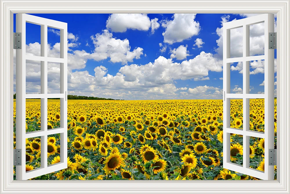Wall Sticker Yellow Flower Sunflower Landscape Wallpaper Kitchen Living Room 3D Window View Stickers  Vinyl Home Decor