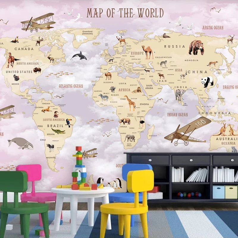 Custom Cartoon Animal World Map Background Wall 3D Wallpaper Living Room Bedroom Children Decoration Papier Peint Mural Tapety