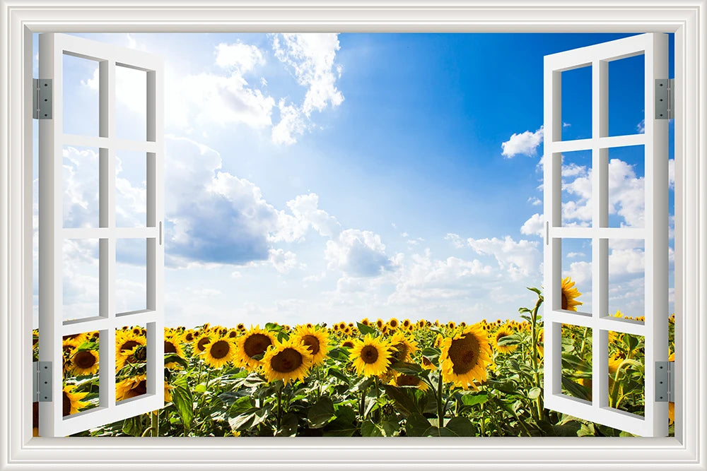 Wall Sticker Yellow Flower Sunflower Landscape Wallpaper Kitchen Living Room 3D Window View Stickers  Vinyl Home Decor