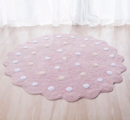 Nordic Cotton Round Rug Dots Wave Shape Floor Mat Soft Pink White Carpet Kids Playmat Bedroom Pad Kawaii Home Room Decor 120cm
