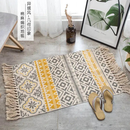 Turkish Cotton Linen Area Rug Set with Tassels Hand Woven Printed Rug/Mat Washable Entryway for Bedroom, Kitchen, Laundry Room