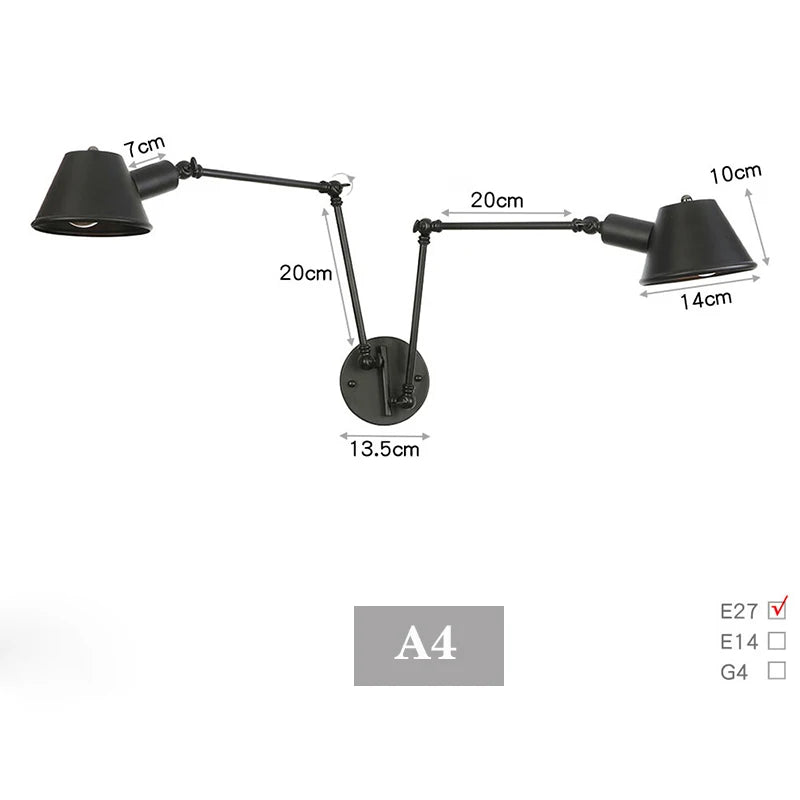 Black Rustic Vintage Swimming Arm Wall Lamp Retro Long Reading Lights on the Wall Adjustable Iron Applique Murale Luminaire Home
